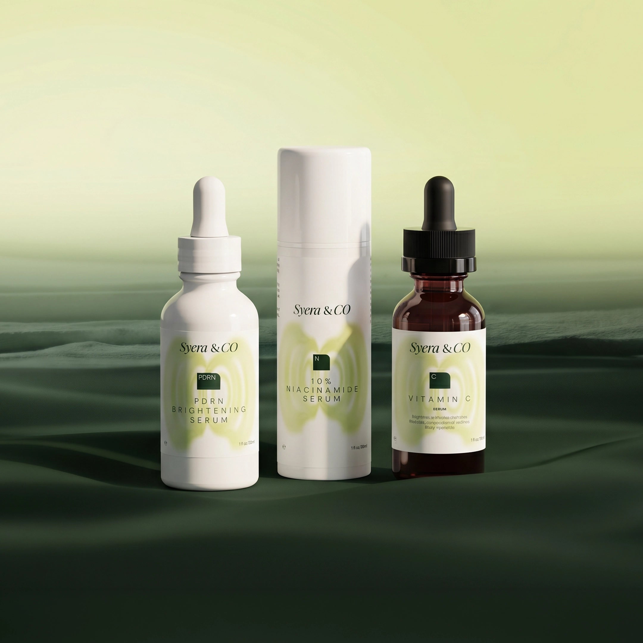 Syera & CO Brightening & Even Bundle with skincare products for luminous, even-toned skin in sleek packaging.