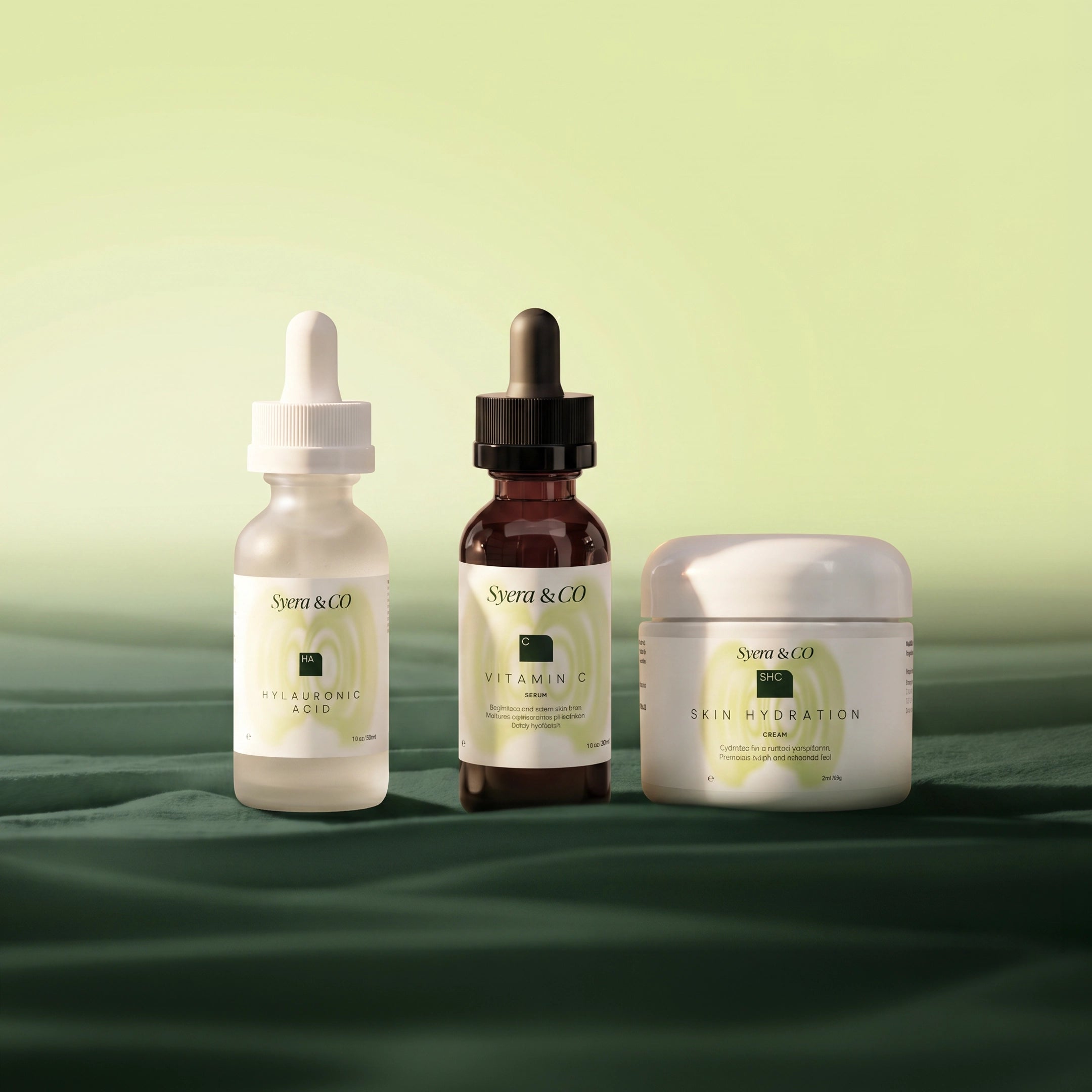 Syera & CO Daily Glow Bundle featuring skincare products, including serums and creams, arranged on a clean white surface.